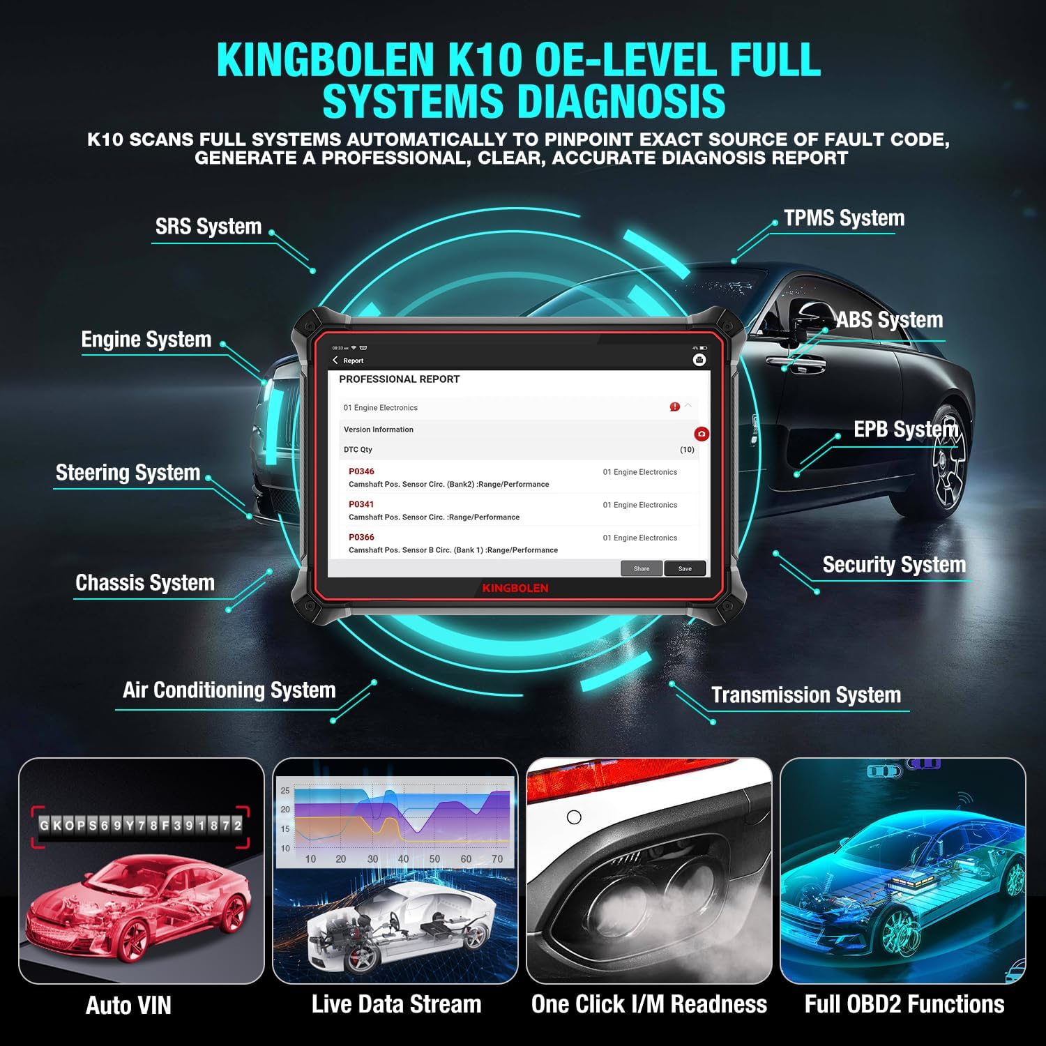 KINGBOLEN K10 Elite OBD2 Scanner, Advanced OE-Level Diagnostic Tool, ADAS Calibration, Bi-Directional, ECU Coding, 41+ Reset Services - Image 3
